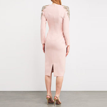 Elegant Long Sleeve Bodycon Dress with Rhinestones