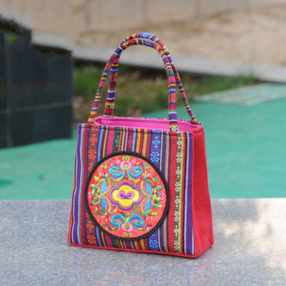 New Ethnic Style Bag Women'S Handheld Double Pull Bag Versatile Small Square Bag Striped Hand Bag