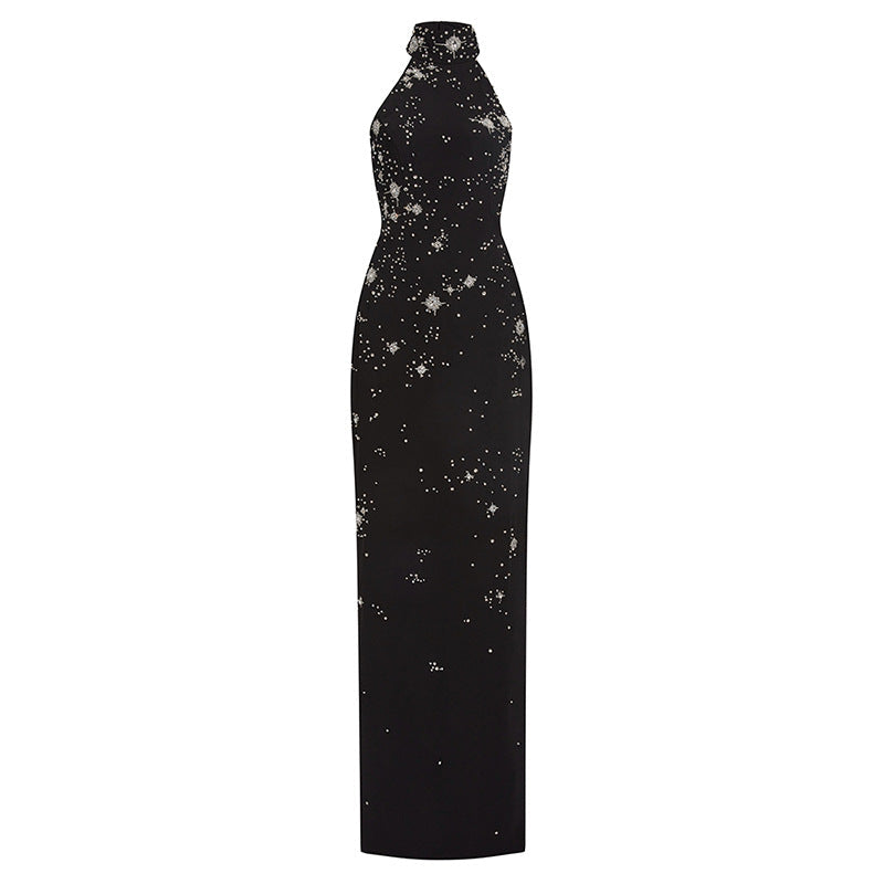 Beaded Long Dress with Neck Halter Design