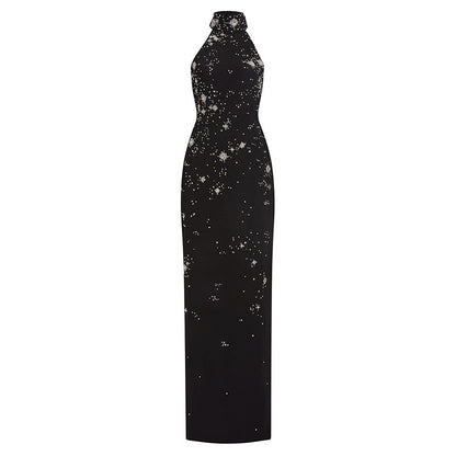 Beaded Long Dress with Neck Halter Design