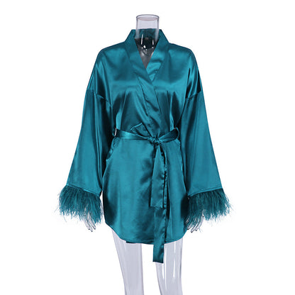 Feather Solid Color Casual Sleepwear Dress