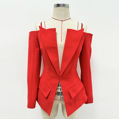 Fashionable Asymmetrical Zip Blazer With Off-The-Shoulder Design