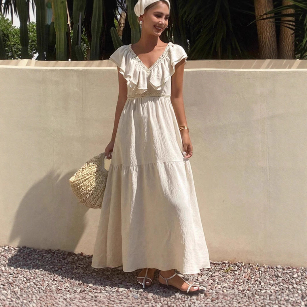Women Solid V Neck Flutter Sleeve Loose Tiered Flowy Maxi Dress For Summer Vacation