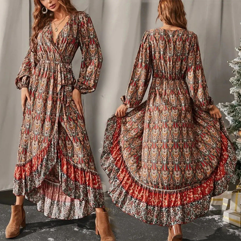 Spot Women Dress Autumn New Long-Sleeved Swing Bohemian Print Dress