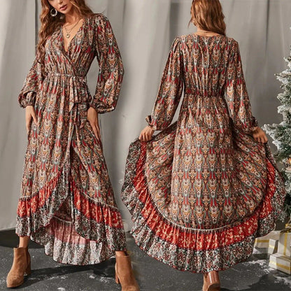 Spot Women Dress Autumn New Long-Sleeved Swing Bohemian Print Dress