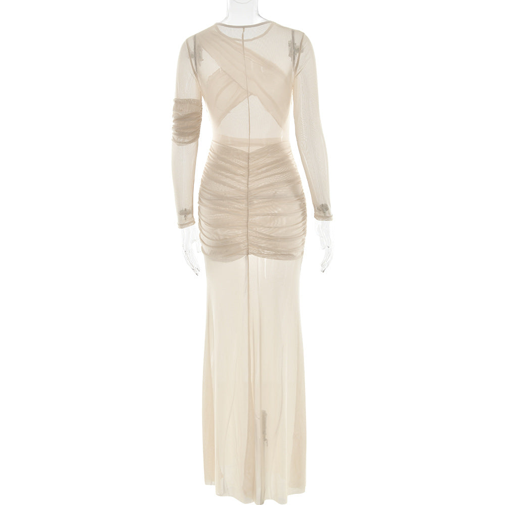Sexy Long Sleeve Sheer Mesh Maxi Dress