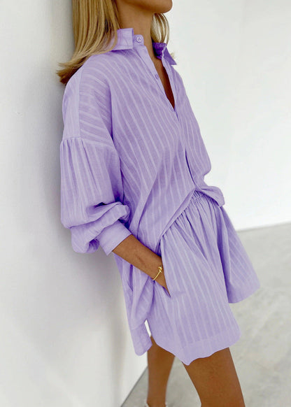 Striped Cotton Shirt And Shorts Set Purple