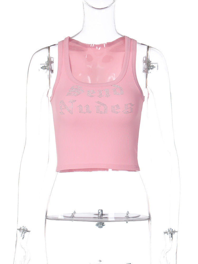 Trendy Letter Print Sleeveless Crop Top with Rhinestones