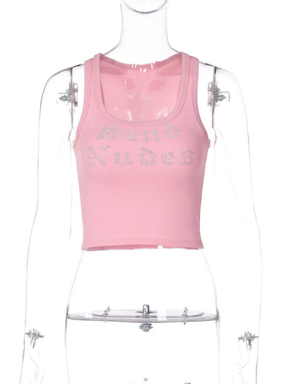Trendy Letter Print Sleeveless Crop Top with Rhinestones