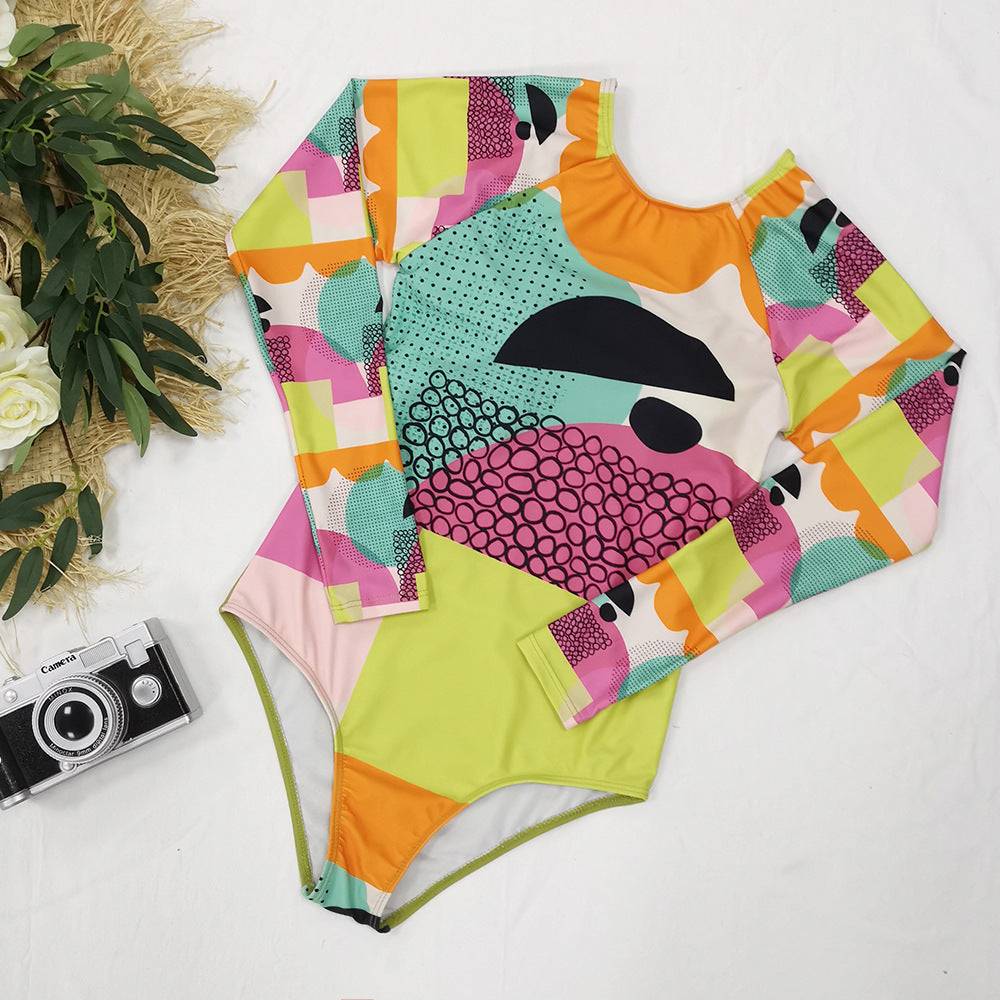 Long Sleeve Abstract Printed One-Piece Swimsuit Women'S Surfing Suit Swimwear Sports Sexy Surfing Wetsuit