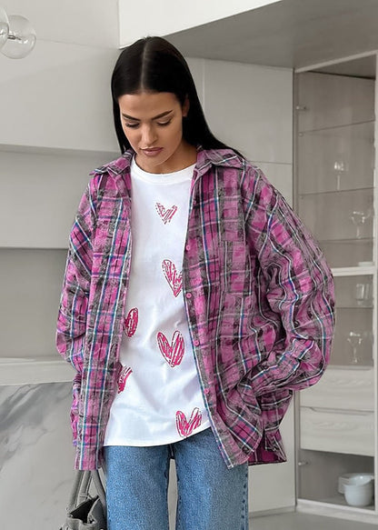 Pink Plaid Oversized Shirt Lightweight Cotton