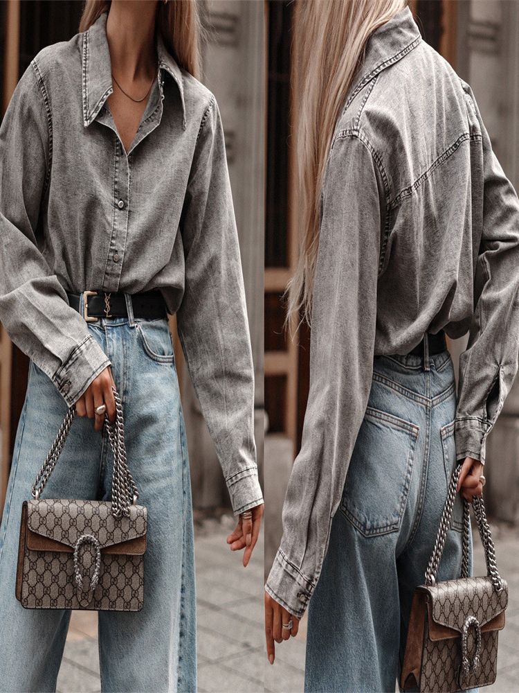 Casual Denim Shirt With Polo Collar