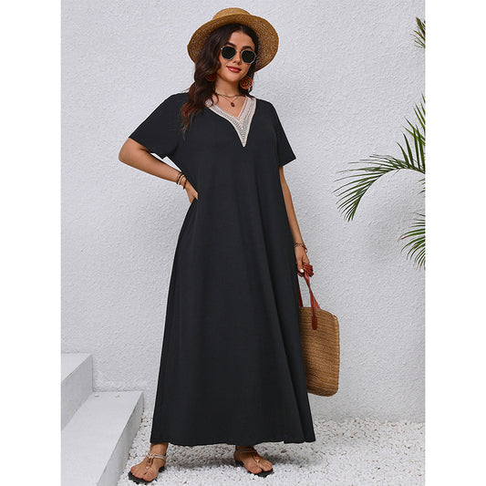 Plus Size V-Neck A-Line Dress Elegant Casual Black Dress
