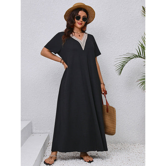 Plus Size V-Neck A-Line Dress Elegant Casual Black Dress