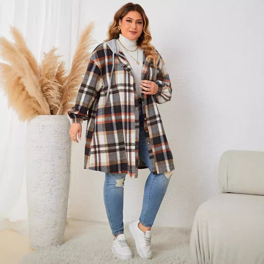 Plaid Hooded Long Coat for Plus Size Women