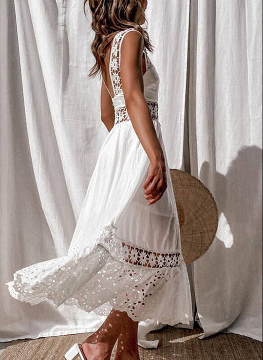 Fashion Lace Sleeveless Stitching Large Swing Long Dress