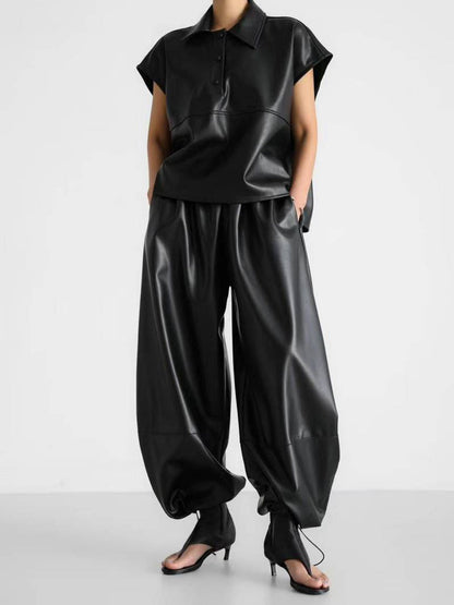 Wide Leg PU Leather Pants with Drawstring for Women