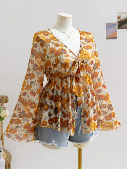 V-Neck Floral Mesh Top with Bell Sleeves