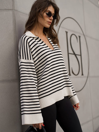 Black Striped Polo Sweater Casual Loose Knit Top