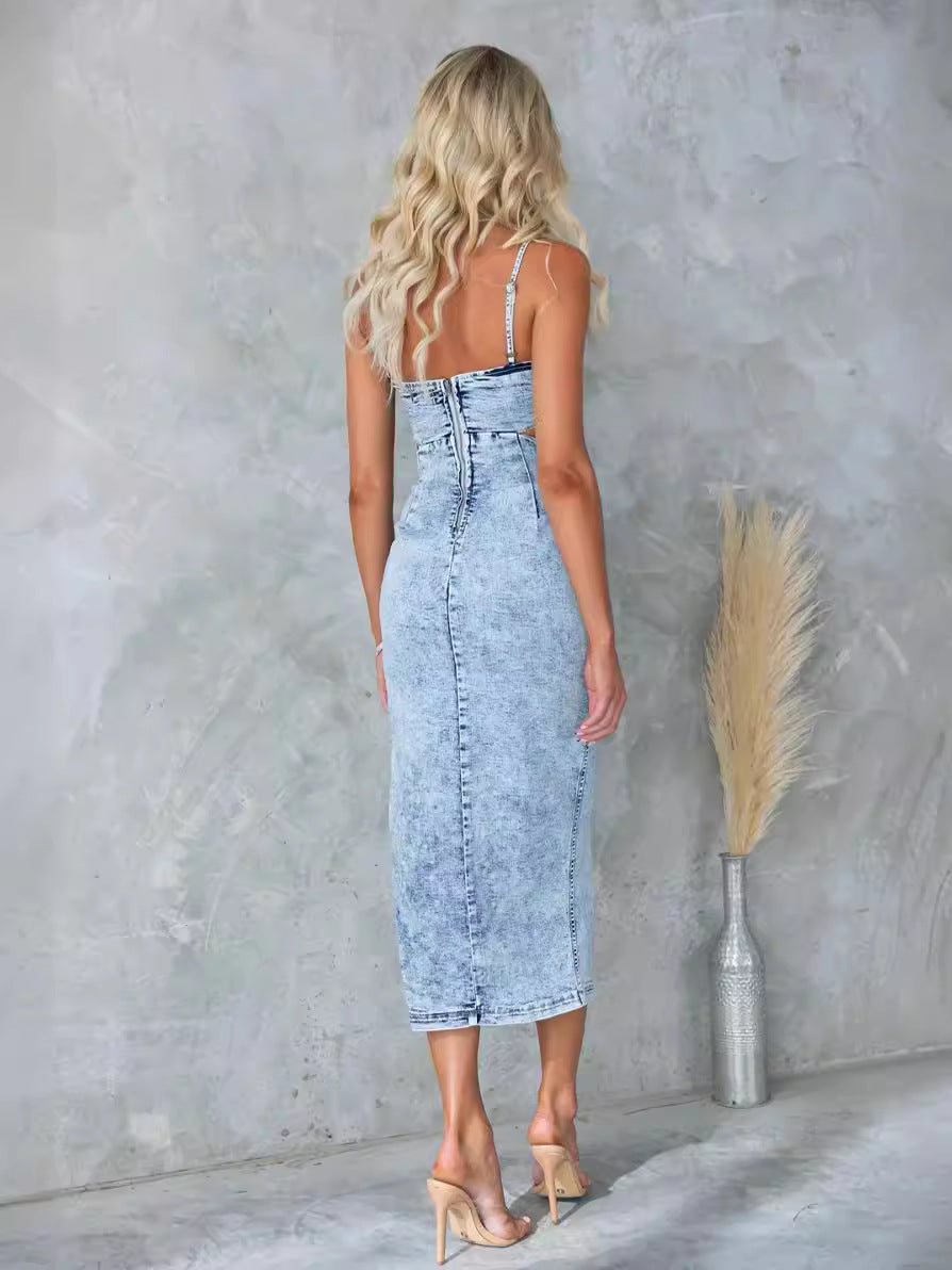 Distressed Sexy Denim Dress with Spaghetti Straps