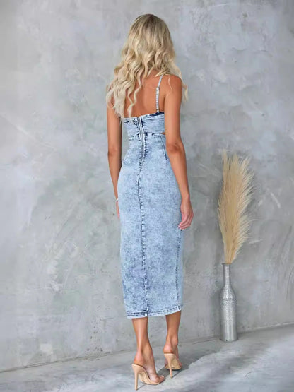 Distressed Sexy Denim Dress with Spaghetti Straps