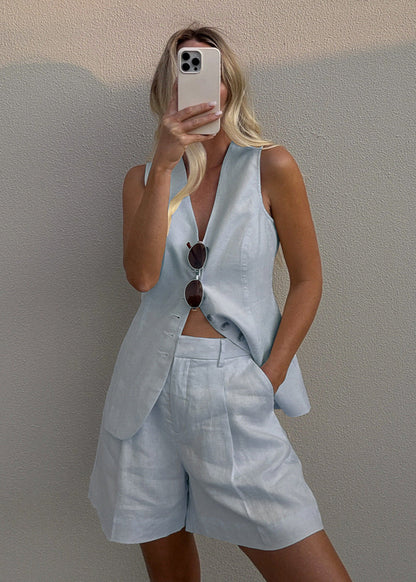 Tailored Linen Blend Vest And Shorts Set
