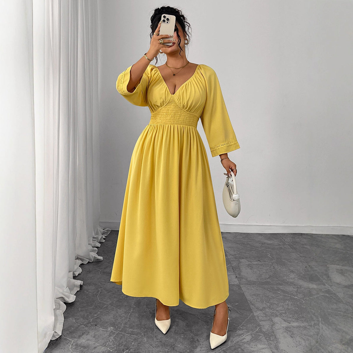 Yellow Deep V-Neck Dress Elegant High-Waisted Gown