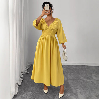 Yellow Deep V-Neck Dress Elegant High-Waisted Gown