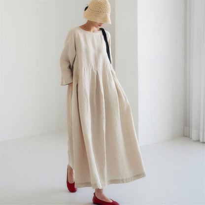 Loose Plus-Size Dress Fat Japanese Cotton And Linen Round Neck Pullover Solid Color Long Skirt Big Swing Dress