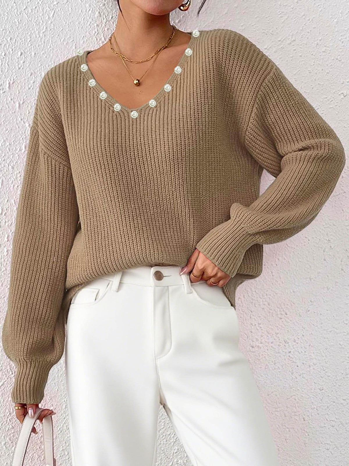 Loose Fit Pearl V-Neck Sweater For Women Casual Street Style