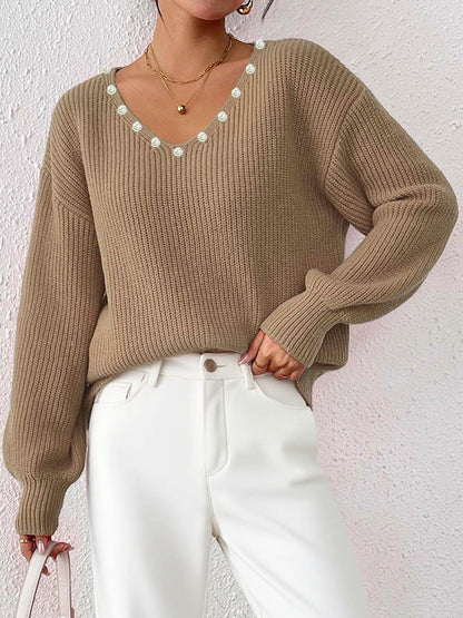 Loose Fit Pearl V-Neck Sweater For Women Casual Street Style