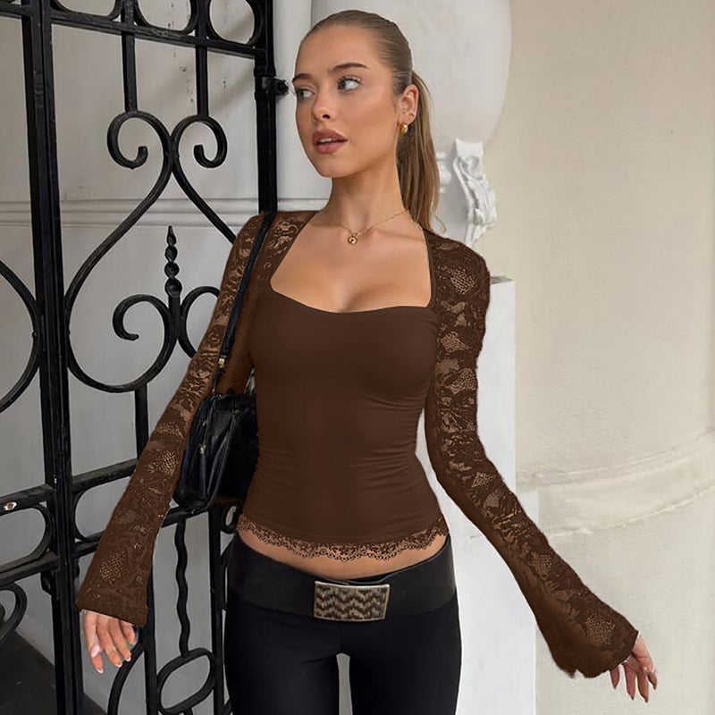 Fashionable Sexy Lace Hollow Long Sleeve Top