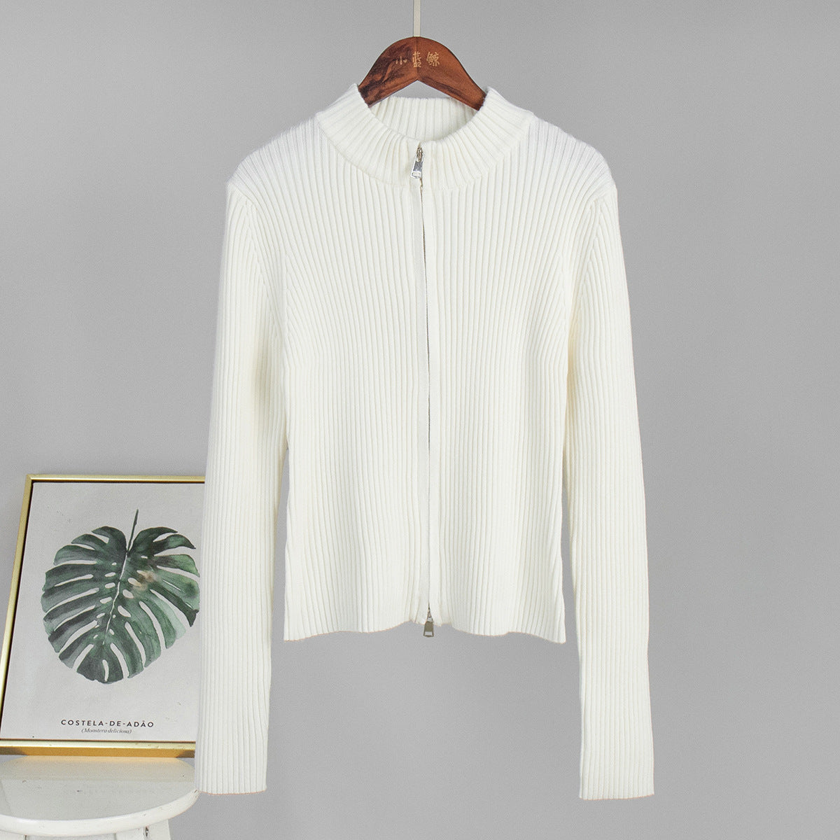 Fitted Long Sleeve Cardigan with Zipper Cozy Knit Outerwear