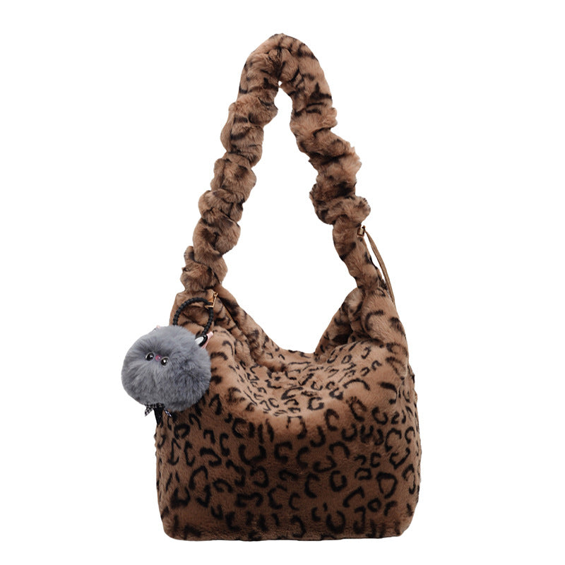 Trendy Leopard Print Plush Shoulder Bag