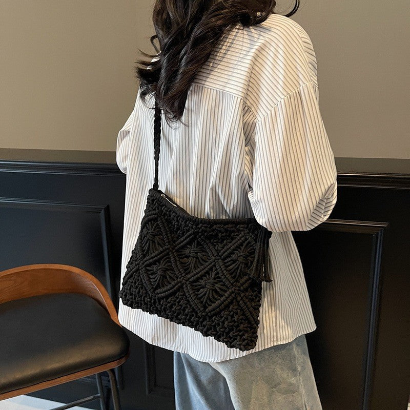 Knitted Bag Women'S 2025 New Fashion Versatile Shoulder Messenger Bag Casual High-End Woven Straw Bag
