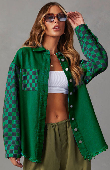 Casual Loose Plaid Denim Jacket for Women