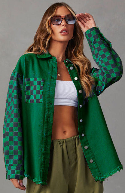 Casual Loose Plaid Denim Jacket for Women