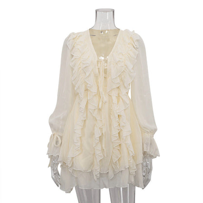 French Ruffle Tie Waist Dress V-Neck Long Sleeve A-Line