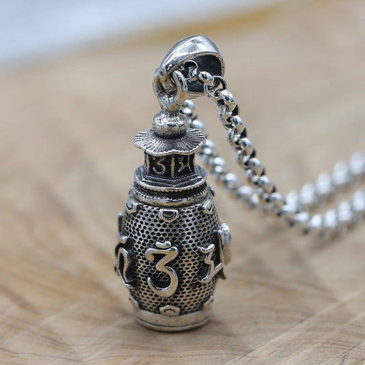 Silver Decorative Relief Six-Character Mantra Leng Mantra Men'S And Women'S Pendant Vintage Thai Silver Can Open Gawu Box Necklace