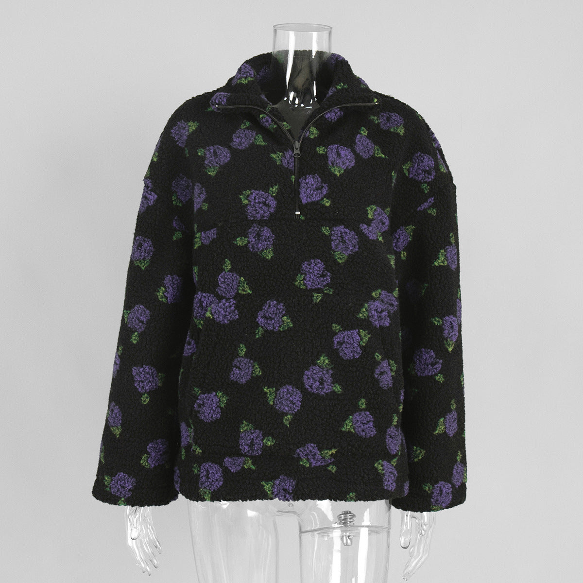 Floral Pattern Fleece Hoodie Casual Warm Sweatshirt