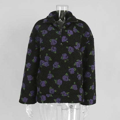 Floral Pattern Fleece Hoodie Casual Warm Sweatshirt