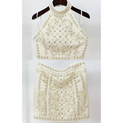 Beaded Neckline Tank Top Skirt Set Trendy Casual Outfit