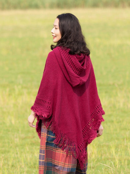 Summer Solid Color Hooded Shawl Women'S Knitting Outside With Spring And Autumn Travel Tassel Pullover Hooded Cape Shawl