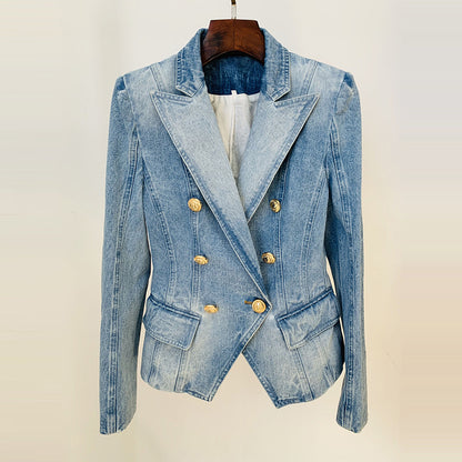 Trendy Double-Breasted Denim Blazer With Lion Button