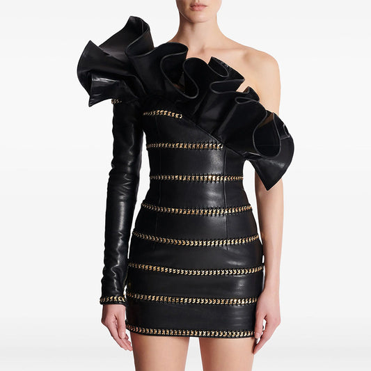 Stylish Asymmetrical Ruffled One-Shoulder Pu Dress