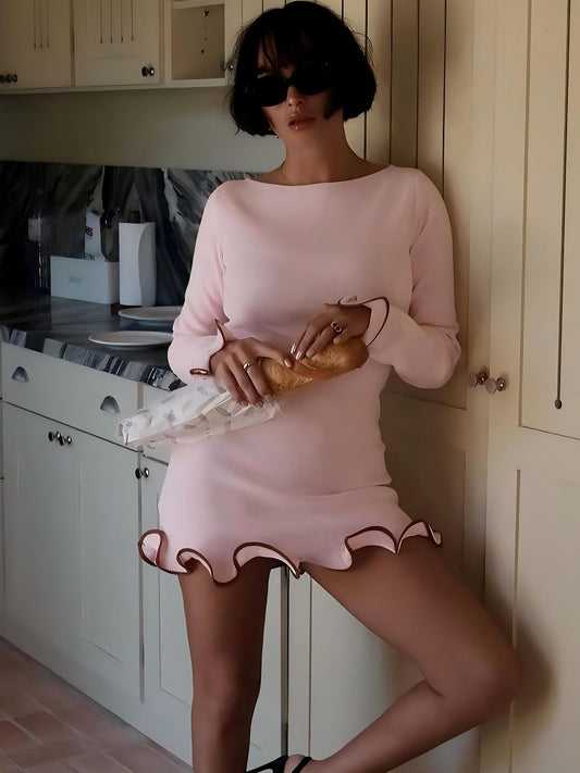 Sexy Ruffled Hem Dress Long Sleeve Knitted Mini Dress