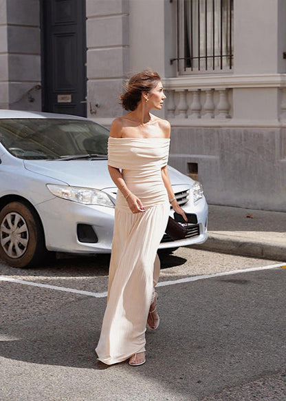 Off Shoulder Pleated Maxi Dress In Apricot