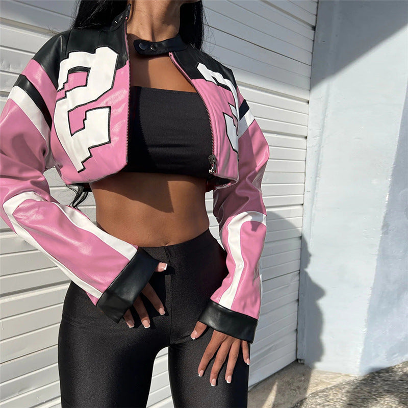 Trendy Color Block Embroidered Biker Jacket