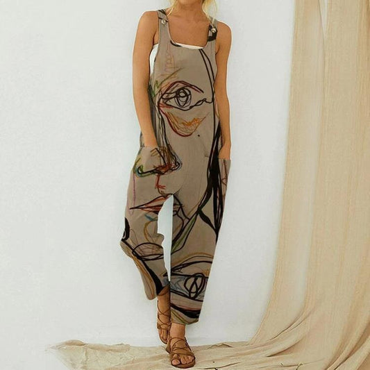 Summer Abstract Printing Loose Cotton Linen Suspender Button Suspender Jumpsuit
