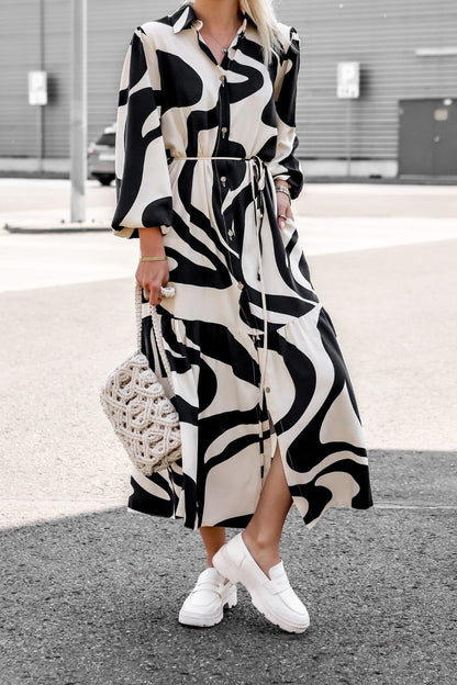 Autumn New Digital Print Lace Up Long Sleeve Shirt Loose Casual Long Dress